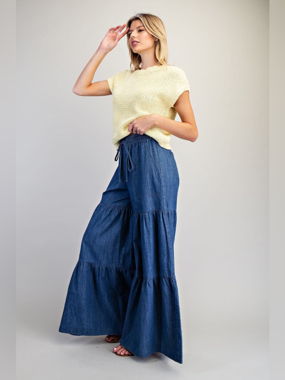 Tiered Ultra Wide Leg Mineral Washed Denim Palazzo Pants - eesome - Picture 2 of 10